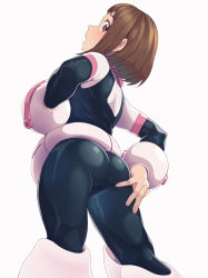 1girl, ass, black bodysuit, blush, bodysuit, boku no hero academia, brown eyes, brown hair, commentary, cowboy shot, eyelashes, from behind, from below, hand on own ass, highres, kobaji, looking at viewer, looking back, looking down, open mouth, short hair, simple background, skin tight, solo, uraraka ochako, white background