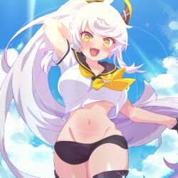 Rule 34 | 1girl, arbiter1, arm behind head, azur lane, black gloves, black sailor collar, black shorts, breasts, cloud, crop top, fang, gloves, half gloves, high ponytail, highres, large breasts, long hair, micro shorts, midriff, navel, neckerchief, open mouth, purifier (azur lane), sailor collar, sailor shirt, shirt, shorts, siren (azur lane), skin fang, smile, white hair, yellow neckerchief
