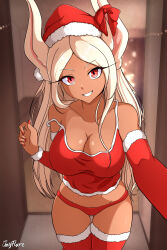 Rule 34 | 1girl, abs, absurdres, animal ears, artist name, blurry, blurry background, boku no hero academia, bow, breasts, camisole, cleavage, collarbone, commentary, dark-skinned female, dark skin, detached sleeves, ear ribbon, english commentary, fur-trimmed sleeves, fur trim, gluteal fold, grin, groin, hat, highres, indoors, jay flare, large breasts, leaning forward, long hair, looking at viewer, mirko, nail polish, panties, rabbit ears, reaching, reaching towards viewer, red camisole, red eyes, red hat, red nails, red panties, red ribbon, ribbon, santa hat, smile, solo, strap slip, thigh gap, thighhighs, thighs, underwear, white hair