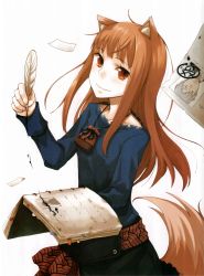 Rule 34 | 00s, 1girl, absurdres, animal ears, ayakura juu, book, brown hair, craft lawrence, feathers, highres, holo, ink, long hair, official art, pen, red eyes, scan, short hair, silver hair, smile, solo, spice and wolf, tail, wolf ears, wolf tail