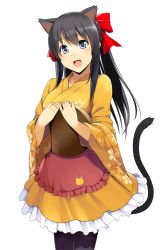 Rule 34 | 1girl, :d, animal ears, bell, black hair, blue eyes, cat ears, cat tail, dress, hair ribbon, japanese clothes, kinka (onigiri), maid, official art, onigiri (mmorpg), open mouth, pantyhose, ribbon, smile, solo, tail, transparent background, tray, wa maid, waitress, wakaba sprout