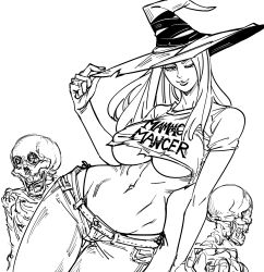 Rule 34 | 1girl, bad id, bb (baalbuddy), breasts, closed mouth, clothes writing, crop top, denim, dragon&#039;s crown, dutch angle, english text, fingernails, greyscale, hat, head tilt, highres, inactive account, jeans, large breasts, long hair, looking at viewer, midriff, monochrome, navel, one eye closed, pants, short sleeves, simple background, smile, solo, sorceress (dragon&#039;s crown), thigh gap, underboob, white background, wide hips, witch hat