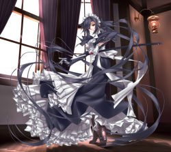 Rule 34 | 1girl, absurdly long hair, black hair, boots, breasts, curtains, doatobira, gloves, highres, katana, lamp, long hair, maid, maid headdress, original, red eyes, sheath, small breasts, solo, sword, unsheathing, very long hair, weapon, white gloves, window, wooden floor
