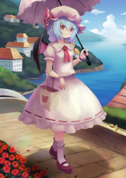 Rule 34 | 1girl, apple, ascot, bag, bat wings, bird, blue hair, blue sky, bobby socks, bridge, building, cloud, day, fingernails, flower, food, fruit, hat, hat ribbon, head tilt, highres, light smile, looking at viewer, mary janes, mob cap, mountain, nail polish, outdoors, parasol, pointy ears, puffy short sleeves, puffy sleeves, red eyes, red flower, red rose, remilia scarlet, ribbon, river, rose, shadow, shoes, shopping bag, short hair, short sleeves, skirt, skirt set, sky, slit pupils, socks, solo, sonikey0 0, touhou, umbrella, wings, wrist cuffs