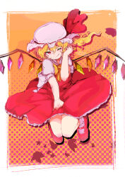 Rule 34 | 1girl, ascot, blonde hair, crystal, flandre scarlet, full body, hat, highres, kabochamaronpie, medium hair, one eye closed, red eyes, side ponytail, smile, solo, touhou, yellow ascot