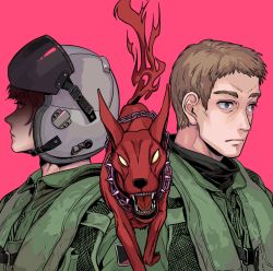 Rule 34 | 2boys, ace combat, ace combat zero, blue eyes, brown hair, cipher (ace combat), collar, demon, dog, highres, larry foulke, looking afar, multiple boys, open mouth, pilot, pilot helmet, pilot suit, red eyes, sharp teeth, spiked collar, spikes, takato15 c, teeth, tongue, yellow eyes