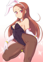 Rule 34 | 1girl, animal ears, black leotard, breasts, brown hair, brown pantyhose, detached collar, fake animal ears, gloves, gradient background, highres, idolmaster, idolmaster (classic), idolmaster 2, leotard, long hair, looking at viewer, minase iori, nagasode (48789563), pantyhose, pink background, playboy bunny, rabbit ears, rabbit girl, rabbit tail, red eyes, small breasts, solo, sparkle, standing, standing on one leg, strapless, strapless leotard, tail, white background, white gloves