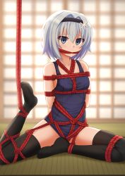 Rule 34 | 10s, 1girl, arms behind back, backlighting, bare shoulders, bdsm, black hairband, black thighhighs, blank eyes, blue eyes, blue one-piece swimsuit, blurry, blurry background, blush, bondage, bound, bound ankles, bound arms, bound legs, breasts, collarbone, competition school swimsuit, covering own mouth, depth of field, gag, hair ornament, hairband, highres, improvised gag, kazenokaze, leg up, looking at viewer, no shoes, on floor, one-piece swimsuit, raised eyebrows, red rope, rope, ryuuou no oshigoto!, saliva, school swimsuit, shibari, shibari over clothes, short hair, silver hair, sitting, small breasts, snowflake hair ornament, solo, sora ginko, spread legs, swimsuit, tatami, thighhighs