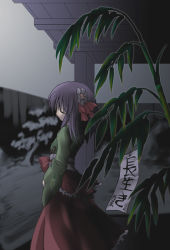 Rule 34 | 1girl, closed eyes, female focus, fence, floral print, from side, garden, hakama, hakama short skirt, hakama skirt, heida no akyuu, hieda no akyuu, indoors, japanese clothes, kimono, long sleeves, miko, outdoors, perfect memento in strict sense, pillar, plant, potted plant, profile, purple eyes, red hakama, red skirt, short hair, skirt, sky, solo, standing, touhou