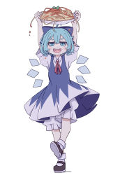 Rule 34 | &gt;:), 1girl, :d, absurdres, ahoge, blue bow, blue dress, blue eyes, blue hair, bow, brown footwear, cirno, collared shirt, dress, fairy wings, flat chest, food, hair bow, highres, ice, ice wings, kame (kamepan44231), long dress, mary janes, neck ribbon, one-hour drawing challenge, open mouth, parsley, pasta, pinafore dress, puffy short sleeves, puffy sleeves, red ribbon, ribbon, shirt, shoes, short hair, short sleeves, simple background, sleeveless, sleeveless dress, smile, socks, solo, spaghetti, stain, tomato sauce, touhou, v-shaped eyebrows, white background, white shirt, white socks, wings