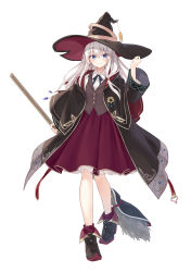 Rule 34 | 1girl, absurdres, azuuru, black hat, black robe, blue eyes, blue neckwear, boots, broom, brown vest, collared shirt, dress, elaina (majo no tabitabi), hat, hat ornament, highres, holding, holding broom, long sleeves, looking at viewer, majo no tabitabi, open clothes, open robe, red dress, robe, shirt, silver hair, simple background, solo, vest, white background, white shirt, witch, witch hat
