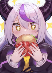 Rule 34 | + +, 1girl, absurdres, blush, burger, commentary request, demon horns, eating, food, food in mouth, hair between eyes, hands up, highres, holding, holding food, hololive, horns, la+ darknesss, long hair, long sleeves, looking at viewer, multicolored hair, purple hair, silver hair, solo, sparkle, streaked hair, takuan (mo55ilst), upper body, virtual youtuber, yellow eyes