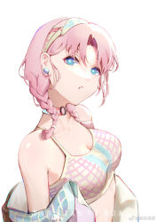 Rule 34 | 1girl, arknights, bare shoulders, blue eyes, blue poison (arknights), blue poison (shoal beat) (arknights), braid, breasts, camisole, chinese commentary, choker, cleavage, commentary request, crop top, earrings, hairband, head tilt, highres, jacket, jewelry, long hair, looking at viewer, medium breasts, midriff, nanxianyiduan, off shoulder, official alternate costume, open clothes, open jacket, parted lips, pink choker, pink hair, simple background, solo, spaghetti strap, sports bra, twin braids, upper body, white background