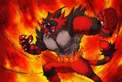 Rule 34 | abs, absurdres, body fur, claws, clenched hands, creatures (company), feet out of frame, fiery background, fighting stance, fire, furry, game freak, gen 7 pokemon, highres, incineroar, nintendo, open mouth, paimon (faimeon616), pectorals, pokemon, pokemon (creature), sharp teeth, solo, teeth, yellow eyes