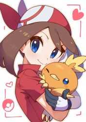Rule 34 | 1girl, animal, bandana, beak, blue eyes, border, brown hair, closed mouth, commentary request, creatures (company), game freak, gen 3 pokemon, gloves, heart, high collar, highres, holding, holding animal, looking at viewer, may (pokemon), medium hair, nintendo, omochi (omotimotittona3), one eye closed, parted bangs, poke ball, poke ball print, pokemon, pokemon (creature), pokemon rse, red bandana, red border, red shirt, shirt, short sleeves, talons, torchic, white background, white gloves