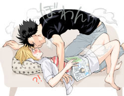 Rule 34 | !?, 1boy, 1girl, all fours, bare legs, black hair, black shirt, blonde hair, blush, book, camisole, couch, denim, haikyuu!!, hetero, holding, holding book, hood, hoodie, jeans, kiss, kissing nose, kuroo tetsurou, lying, magazine (object), namo, on back, on couch, open clothes, open hoodie, open mouth, pants, parted lips, polka dot pillow, shirt, smile, smoke, spiked hair, striped, striped camisole, t-shirt, wavy mouth, yachi hitoka, yellow eyes
