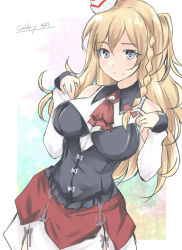 Rule 34 | 1girl, artist name, ascot, bare shoulders, black shirt, blonde hair, bodice, braid, corset, cowboy shot, french braid, gakky, grey eyes, hat, kantai collection, long hair, looking at viewer, mini hat, miniskirt, one-hour drawing challenge, red ascot, shirt, side braid, skirt, solo, tilted headwear, wavy hair, white background, zara (kancolle), zara due (kancolle)