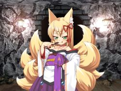 Rule 34 | animal ears, blonde hair, child, flat chest, fox ears, fox tail, green eyes, japanese clothes, kimono, mon-musu quest!, monster girl, multiple tails, nine tails, tail, tamamo (mon-musu quest!)