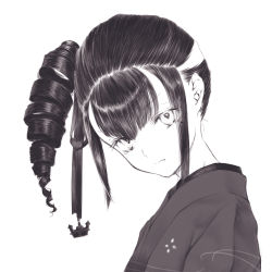 Rule 34 | 10s, 1girl, anchor hair ornament, ancient destroyer oni, black hair, black ribbon, drill hair, eyelashes, from side, greyscale, hair ornament, head tilt, highres, japanese clothes, kantai collection, kimono, long hair, looking at viewer, looking to the side, monochrome, ribbon, side drill, side ponytail, sidelocks, simple background, sketch, solo, traditional media, umayagi, upper body, white background