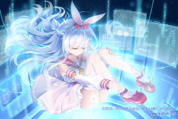 Rule 34 | 1girl, animal ears, bad id, bad pixiv id, binary, bow, braid, commentary, copyright name, cyberspace, detached sleeves, digital dissolve, dress, closed eyes, floating hair, hair bow, knees to chest, long hair, mimikkoui, momona (mvv), mvv, pink footwear, rabbit ears, sailor collar, sailor dress, shoes, silver hair, solo, thighhighs, watermark, web address, white thighhighs