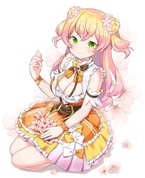 Rule 34 | 1girl, absurdres, bad id, bad pixiv id, bare shoulders, blonde hair, blush, breasts, character name, cleavage, cleavage cutout, closed mouth, clothing cutout, commentary request, double bun, dress, floral print, flower, frilled dress, frills, full body, goyain, gradient hair, green eyes, hair between eyes, hair bun, hair flower, hair ornament, hand up, highres, holding, holding petal, hololive, long hair, looking at viewer, medium breasts, momosuzu nene, multicolored hair, orange dress, petals, pink flower, pink hair, seiza, sitting, sleeveless, sleeveless dress, solo, two side up, very long hair, virtual youtuber, white background