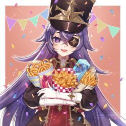 Rule 34 | 1girl, :d, black dress, black hat, blush, box, bright pupils, chevreuse (genshin impact), commentary request, confetti, dress, earmuffs, earmuffs around neck, eyepatch, food, french fries, genshin impact, gift, gift box, gloves, gold trim, grey hair, hair between eyes, hat, highres, holding, holding food, karanashi mari, long hair, long sleeves, looking at viewer, mole, mole under mouth, multicolored hair, onion rings, open mouth, puffy sleeves, purple eyes, purple hair, red dress, shako cap, smile, solo, streaked hair, string of flags, two-tone dress, two-tone hair, upper body, very long hair, white gloves, white hair, white pupils