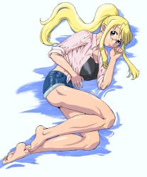 Rule 34 | 00s, 1girl, bandeau, barefoot, blonde hair, blue eyes, breasts, denim, denim shorts, female focus, fullmetal alchemist, glasses, huge breasts, large breasts, legs, lying, muscular, nakami yoshikage, open clothes, open shirt, ponytail, shirt, shorts, sleeves rolled up, solo, strapless, tube top, winry rockbell