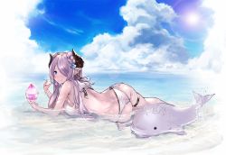 Rule 34 | 10s, 1girl, ass, bad id, bad pixiv id, bikini, blue eyes, blue sky, butt crack, cloud, cloudy sky, day, draph, earrings, food, granblue fantasy, hair ornament, hair over one eye, hair over shoulder, horns, jewelry, light purple hair, long hair, looking at viewer, lying, narmaya (granblue fantasy), narmaya (summer) (granblue fantasy), on side, on stomach, outdoors, partially submerged, pointy ears, ramuda (guilty931), shaved ice, sky, smile, solo, spoon, sun, swimsuit, thigh strap, water, whale, white bikini