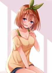 Rule 34 | 1girl, bare shoulders, between legs, blue eyes, blue skirt, blush, breasts, brown hair, brown shirt, cleavage, commentary request, go-toubun no hanayome, green hairband, green ribbon, hair between eyes, hair ribbon, hairband, hand between legs, hand up, index finger raised, looking at viewer, medium breasts, nakano yotsuba, off-shoulder shirt, off shoulder, parted lips, ribbon, sakura hiyori, shirt, sitting, skirt, smile, solo, twitter username