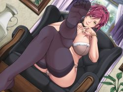 Rule 34 | 10s, 1girl, black thighhighs, bra, bracelet, breasts, brown eyes, chair, choker, crossed legs, curtains, dutch angle, empress (studio), feet, fingernails, foot focus, game cg, hair ornament, hairpin, jewelry, large breasts, leg lift, legs, lingerie, lipstick, long toenails, looking at viewer, makeup, mamiya marie, mole, mole under eye, nail polish, panties, pantyshot, red hair, seductive smile, sei shoujo, short hair, sitting, smile, soles, solo, starless, thick thighs, thighhighs, thighs, toenails, toes, underwear, underwear only, vase, will (company), window