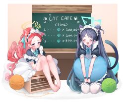 Rule 34 | 2girls, absurdly long hair, absurdres, animal ears, apron, aris (blue archive), aris (maid) (blue archive), barefoot, black dress, black hair, blue archive, blush, border, cat ears, cat tail, chalkboard, closed eyes, closed mouth, dress, english text, frilled apron, frilled dress, frills, green halo, halo, highres, long hair, maid apron, menu board, multiple girls, open mouth, pantyhose, piyon (pyon piiii), puffy short sleeves, puffy sleeves, purple eyes, red hair, short sleeves, smile, tail, toes, twintails, very long hair, white apron, white border, white pantyhose, yarn, yarn ball, yellow halo, yuzu (blue archive), yuzu (maid) (blue archive)