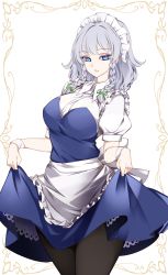 Rule 34 | 1girl, absurdres, apron, back bow, black pantyhose, blue dress, blue eyes, bow, braid, breasts, collared shirt, commentary, dress, framed image, frills, green bow, grey bow, grey hair, hair bow, hands up, highres, izayoi sakuya, large breasts, looking at viewer, maid, maid headdress, open mouth, pantyhose, puffy short sleeves, puffy sleeves, raptor7, shirt, short hair, short sleeves, simple background, smile, solo, symbol-only commentary, touhou, twin braids, white apron, white background, white shirt, wrist cuffs