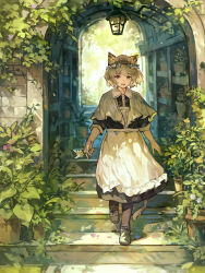 Rule 34 | 1girl, :d, absurdres, animal ear fluff, animal ears, apron, black shirt, black skirt, brick wall, brown eyes, brown pantyhose, cat ears, cat girl, cat tail, collared shirt, commentary request, day, flower, flower pot, frilled apron, frills, grey footwear, grey hair, highres, holding, holding flower, long sleeves, open mouth, original, outdoors, pantyhose, puffy long sleeves, puffy sleeves, shirt, shoes, skirt, smile, solo, stairs, stone stairs, tail, waist apron, walking, white apron, white flower, yanyan (shinken gomi)