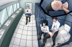Rule 34 | 1boy, 2girls, absurdres, alternate costume, anal, anus, ass, ass grab, bathroom, black legwear, blush, breast press, breasts, closed eyes, clothed male nude female, clothed sex, clothes, curvy, english text, eyeshadow, from behind, fubuki (one-punch man), glasses, grabbing, grabbing from behind, green eyes, green hair, hetero, highres, huge ass, huge breasts, huge penis, imminent anal, imminent penetration, large breasts, long hair, looking back, makeup, mature female, mature male, multiple girls, nude, nyalinch, one-punch man, open mouth, pale skin, penis, penis grab, perspective, phone, psykos, public indecency, pussy, saitama (one-punch man), school, school uniform, short hair, skirt, stealth sex, superhero costume, testicles, thick thighs, thighhighs, thighs, toilet, upper body, wide hips, wig, zettai ryouiki