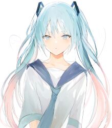 Rule 34 | 1girl, blue eyes, blue hair, blue sailor collar, blush, closed mouth, commentary, commentary request, gradient hair, green hair, hair between eyes, hair ornament, hatsune miku, long hair, looking at viewer, lpip, multicolored hair, necktie, pink hair, sailor collar, shirt, simple background, solo, symbol-only commentary, twintails, very long hair, vocaloid, white background, white shirt