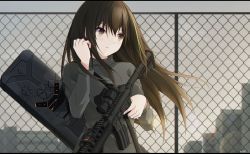 Rule 34 | 1girl, assault rifle, breasts, brown eyes, brown hair, building, chain-link fence, closed mouth, cloud, cloudy sky, commentary, fence, fingernails, girls&#039; frontline, green hair, grey shirt, gun, hair between eyes, hand up, highres, holding, holding gun, holding weapon, keenh, letterboxed, long hair, long sleeves, looking away, m4 carbine, m4a1 (girls&#039; frontline), m4a1 (mod3) (girls&#039; frontline), medium breasts, mod3 (girls&#039; frontline), multicolored hair, name connection, object namesake, outdoors, rifle, shirt, signature, sky, solo, streaked hair, trigger discipline, upper body, very long hair, weapon
