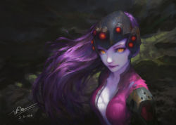 Rule 34 | 1girl, 2016, bodysuit, center opening, collarbone, colored skin, dao trong le, dated, head-mounted display, helmet, high ponytail, highres, image sample, light smile, lips, lipstick, long hair, looking at viewer, makeup, orange eyes, overwatch, overwatch 1, ponytail, purple hair, purple lips, purple skin, signature, solo, upper body, very long hair, visor, widowmaker (overwatch)