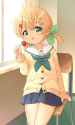 Rule 34 | 1girl, :p, blonde hair, blue skirt, blush, bow, buttons, candy, cardigan, chair, female focus, food, green bow, green eyes, green neckerchief, hair bow, hair ornament, hairclip, highres, lollipop, low twintails, naughty face, neckerchief, original, pila-pela, pleated skirt, sailor collar, skirt, solo, tongue, tongue out, twintails, twitter username, window