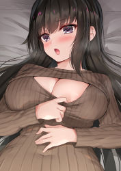 1girl, :o, bangs, bed sheet, blush, breasts, brown hair, cleavage, cleavage cutout, clothes pull, clothing cutout, covered navel, eyebrows visible through hair, eyelashes, highres, indoors, large breasts, long hair, long sleeves, lying, makeup, mascara, meme attire, naitou kirara, on back, open-chest sweater, open mouth, original, pulled by self, purple eyes, ribbed sweater, shiny, shiny hair, solo, sweater, sweater pull, turtleneck