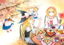Rule 34 | 2girls, alice margatroid, apron, ascot, blonde hair, blue eyes, blush, bow, braid, capelet, couple, cup, flower, food, hair bow, hairband, hat, instrument, kirisame marisa, long hair, macaron, multiple girls, open mouth, playing instrument, rue (wyha666), shanghai doll, short hair, side braid, smile, table, teacup, touhou, violin, waist apron, witch hat, yellow eyes