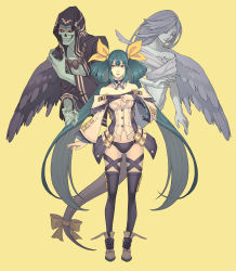 Rule 34 | 1boy, 2girls, asymmetrical wings, bare shoulders, belt, black panties, boots, breasts, choker, cleavage, collarbone, detached sleeves, dizzy (guilty gear), fukai rei, full body, gluteal fold, guilty gear, guilty gear xrd, hair between eyes, hair ribbon, hair rings, highres, hip bones, midriff, monster girl, multiple girls, navel, necro (guilty gear), open mouth, panties, ribbon, simple background, skull, tail, tail ornament, tail ribbon, thigh strap, thighhighs, twintails, underwear, undine (guilty gear), wings, yellow background, yellow ribbon