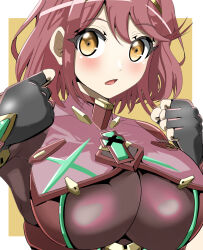Rule 34 | 1girl, breasts, chest jewel, fingerless gloves, gloves, highres, large breasts, pyra (xenoblade), red eyes, red hair, solo, taka p (zelda27th), xenoblade chronicles (series), xenoblade chronicles 2