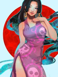 Rule 34 | 1girl, arm up, black hair, blue eyes, blue hair, boa hancock, commentary, cowboy shot, dress, earrings, english commentary, floating hair, gradient hair, highres, hime cut, jewelry, long hair, looking to the side, mewiyev, multicolored hair, one piece, purple dress, red circle, sleeveless, sleeveless dress, smile, snake earrings, solo