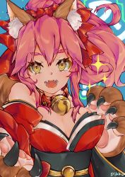 Rule 34 | 1girl, absurdres, animal ears, animal hands, bad id, bad pixiv id, bell, breasts, cleavage, collar, fangs, fate/grand order, fate (series), fox ears, fox tail, hair ribbon, highres, large breasts, long hair, looking at viewer, neck bell, open mouth, pikkumyy, pink hair, ribbon, solo, sparkle, tail, tamamo (fate), tamamo cat (fate), tamamo cat (first ascension) (fate), tamamo no mae (fate/extra), yellow eyes