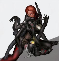 Rule 34 | 1futa, 1other, arm grab, assertive female, bodysuit, breasts, cholie, combat knife, commentary, cum, cum overflow, cyborg, dark-skinned female, dark skin, dwarf gekko, english commentary, extra arms, eyeshadow, finger in own mouth, futanari, girl on top, hair over one eye, holding, holding knife, interspecies, knife, large breasts, lips, makeup, metal gear (series), metal gear rising: revengeance, mistral (metal gear rising), nose, pushing down, rape, red eyeshadow, red hair, sex, short hair, solo focus, uncensored, weapon