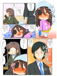 Rule 34 | 1boy, 2girls, puff of air, aged down, black gloves, black hair, black jacket, black pants, blazer, blue headwear, blush, brown eyes, brown hair, calvados (jinguu), chibi, closed mouth, comic, commentary, commentary request, constricted pupils, dress, english commentary, eyepatch, unworn eyewear, formal, frown, full-face blush, girls und panzer, gloves, green dress, half-closed eyes, highres, holding, holding removed eyewear, holding umbrella, jacket, jinguu (4839ms), kindergarten uniform, long hair, long sleeves, medium hair, mika (girls und panzer), mixed-language commentary, multiple girls, open mouth, outside border, pants, pink jacket, pleated skirt, red eyes, short hair, sitting, skirt, smile, squinting, suit, sweatdrop, swept bangs, translation request, tsuji renta, tulip hat, umbrella, yellow skirt