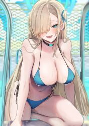 Rule 34 | 1girl, absurdres, alternate costume, aqua bikini, asuna (blue archive), asymmetrical bangs, bikini, black choker, blue archive, blue eyes, blue halo, blush, breasts, cafenami, chain-link fence, choker, cleavage, commentary request, fence, hair over one eye, halo, halterneck, highres, large breasts, light brown hair, long bangs, long hair, looking at viewer, navel, o-ring, o-ring bikini, one eye covered, side-tie bikini bottom, smile, solo, stomach, string bikini, swimsuit, very long hair, water drop