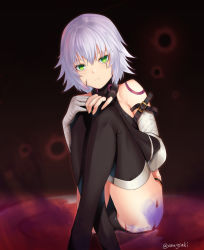 Rule 34 | 1girl, aona (anagasaki), asymmetrical gloves, bandaged arm, bandaged hand, bandages, black gloves, black panties, black thighhighs, closed mouth, elbow gloves, facial scar, fate/apocrypha, fate (series), fingerless gloves, frown, gloves, green eyes, hair between eyes, hands on own knees, jack the ripper (fate/apocrypha), looking at viewer, panties, scar, scar across eye, scar on cheek, scar on face, short hair, silver hair, single glove, sitting, solo, thighhighs, twitter username, underwear, uneven gloves
