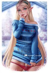 Rule 34 | 1girl, aqua eyes, blonde hair, blue sweater, hand on own chin, long hair, long sleeves, nintendo, olchas, paid reward available, panties, panty pull, patreon username, pointy ears, princess zelda, red panties, signature, solo, sweater, the legend of zelda, the legend of zelda: breath of the wild, underwear
