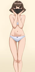 Rule 34 | 1girl, black mask, bob cut, bra, breasts, brown eyes, brown hair, feet out of frame, gluteal fold, hands up, highres, ixola, mask, navel, original, panties, simple background, small breasts, standing, thigh gap, underwear, white bra, white panties